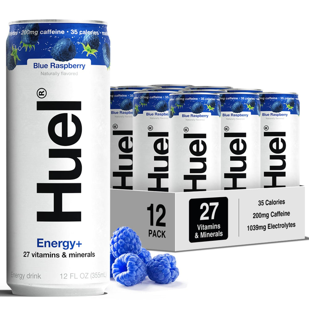 Huel Energy+ blue raspberry front can showing branding and low-calorie benefit