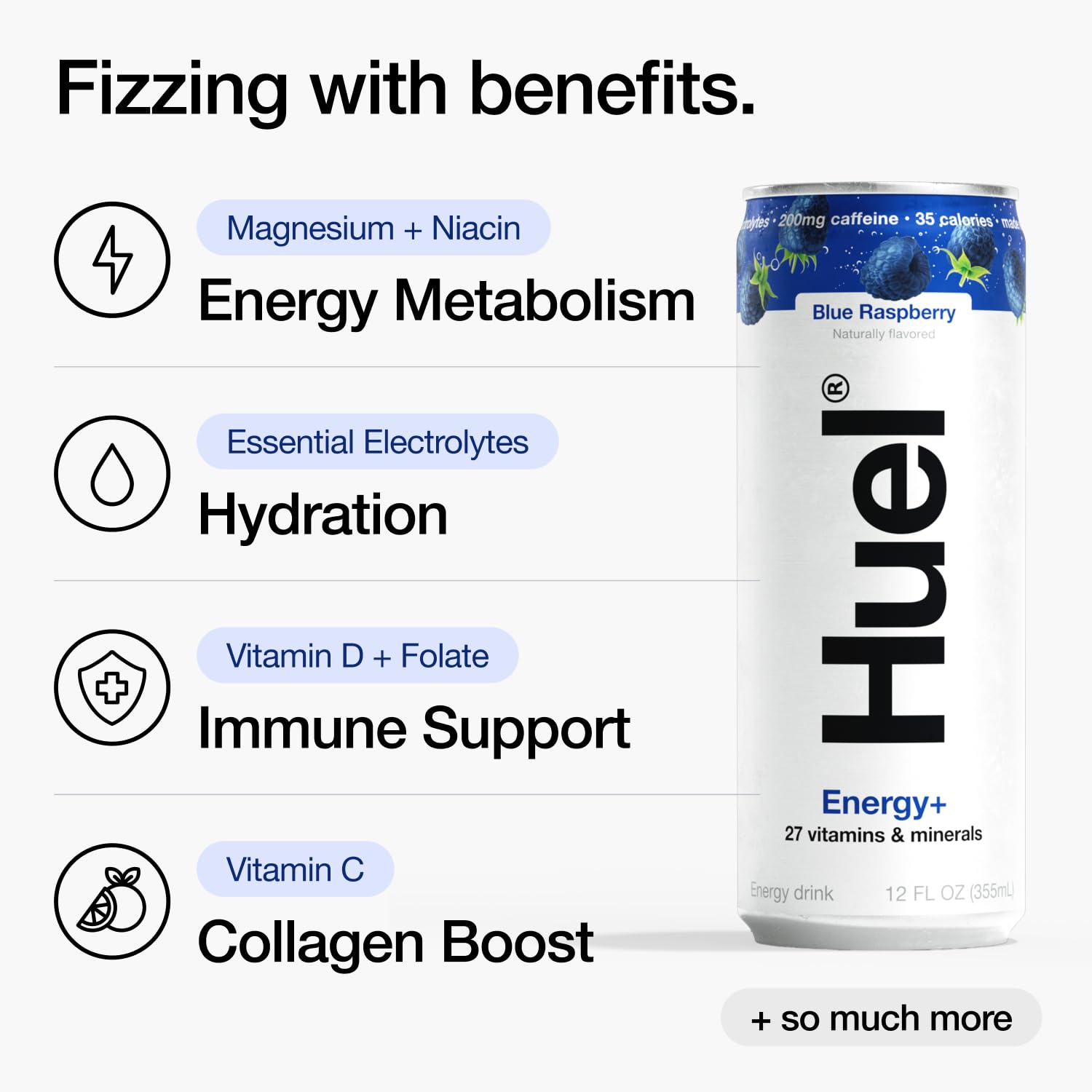 Huel Energy+ blue raspberry open can pouring into glass demonstrating refreshment
