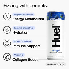 Huel Energy+ blue raspberry open can pouring into glass demonstrating refreshment
