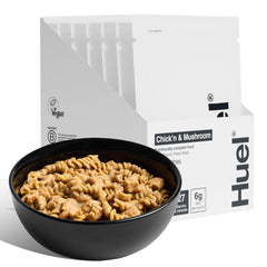 Huel front packaging of Chick'n & Mushroom showing branding and meal benefits