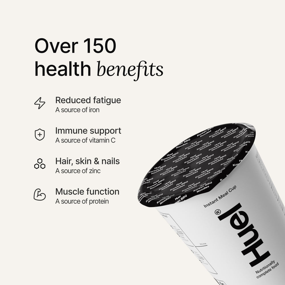 Huel close-up of pasta and chick'n pieces highlighting texture and comforting warmth benefit