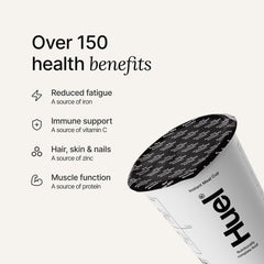 Huel close-up of pasta and chick'n pieces highlighting texture and comforting warmth benefit