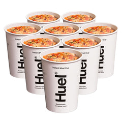 Huel opened cup top view revealing grains and vegetables for a ready hot meal