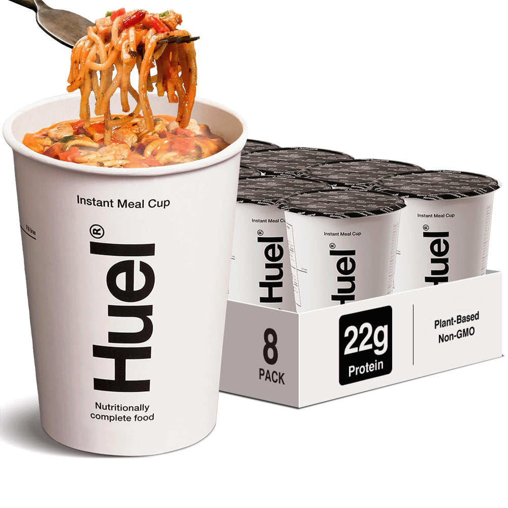 Huel front packaging of Hot & Savory Spicy Gochujang showing bold branding and convenience
