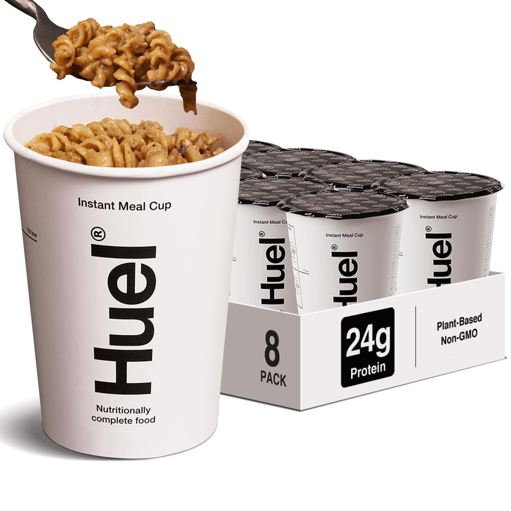 Huel front packaging showing Chick'n & Mushroom Pasta cup and clear branding with convenience benefit