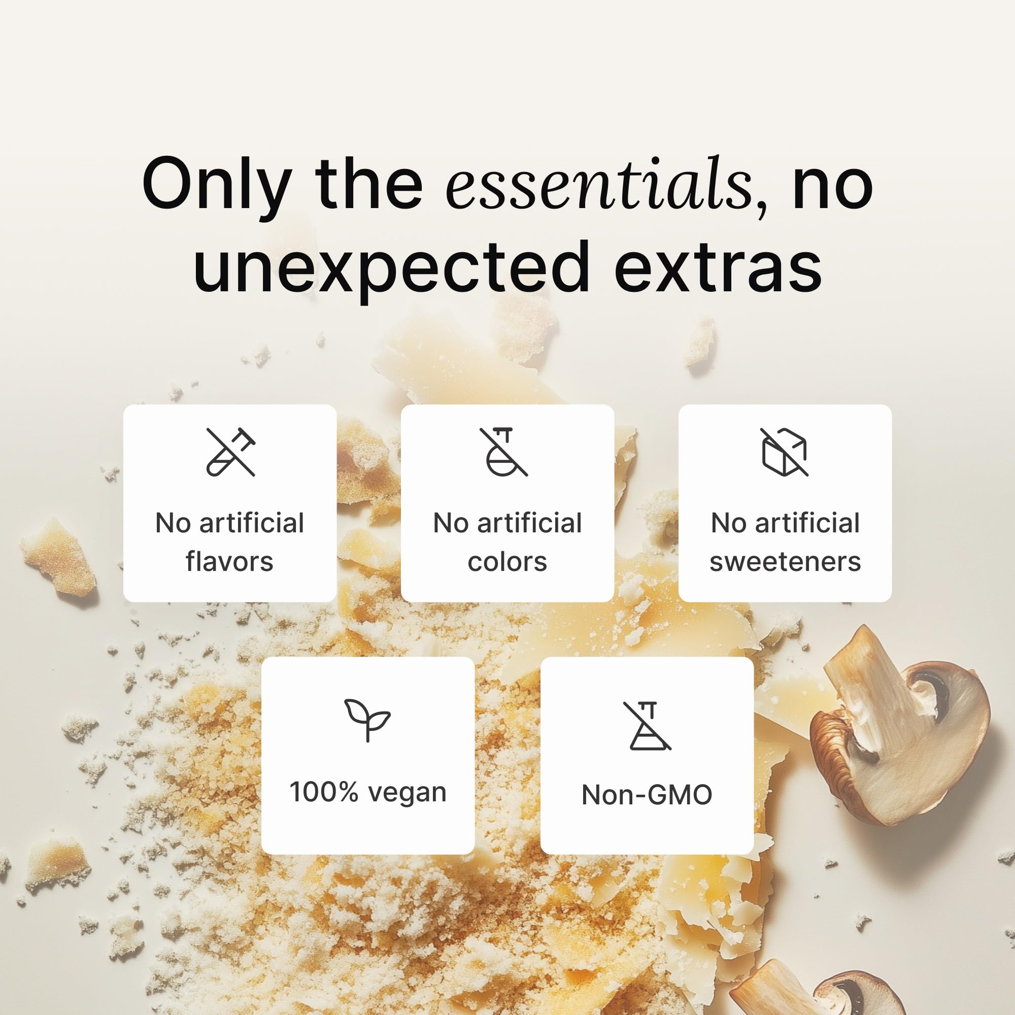 Huel ingredients laid out with mushrooms and pasta illustrating plant-based sources and nutritional clarity benefit