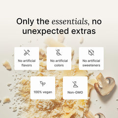 Huel ingredients laid out with mushrooms and pasta illustrating plant-based sources and nutritional clarity benefit