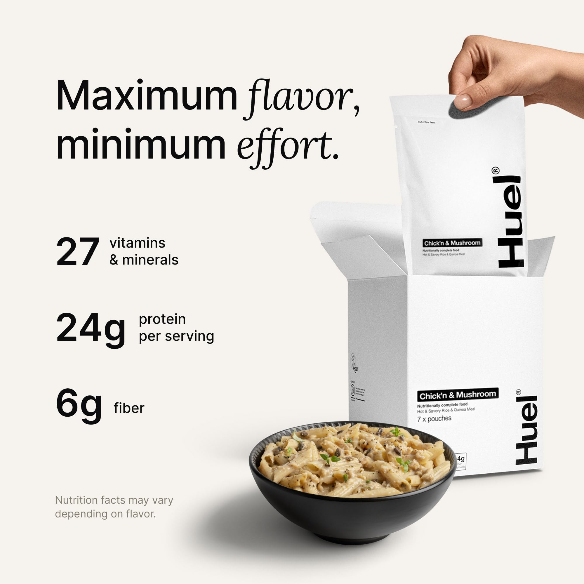 Huel open pouch revealing grain texture and vegetables for quick hydration