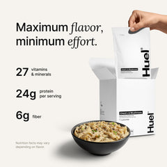 Huel open pouch revealing grain texture and vegetables for quick hydration