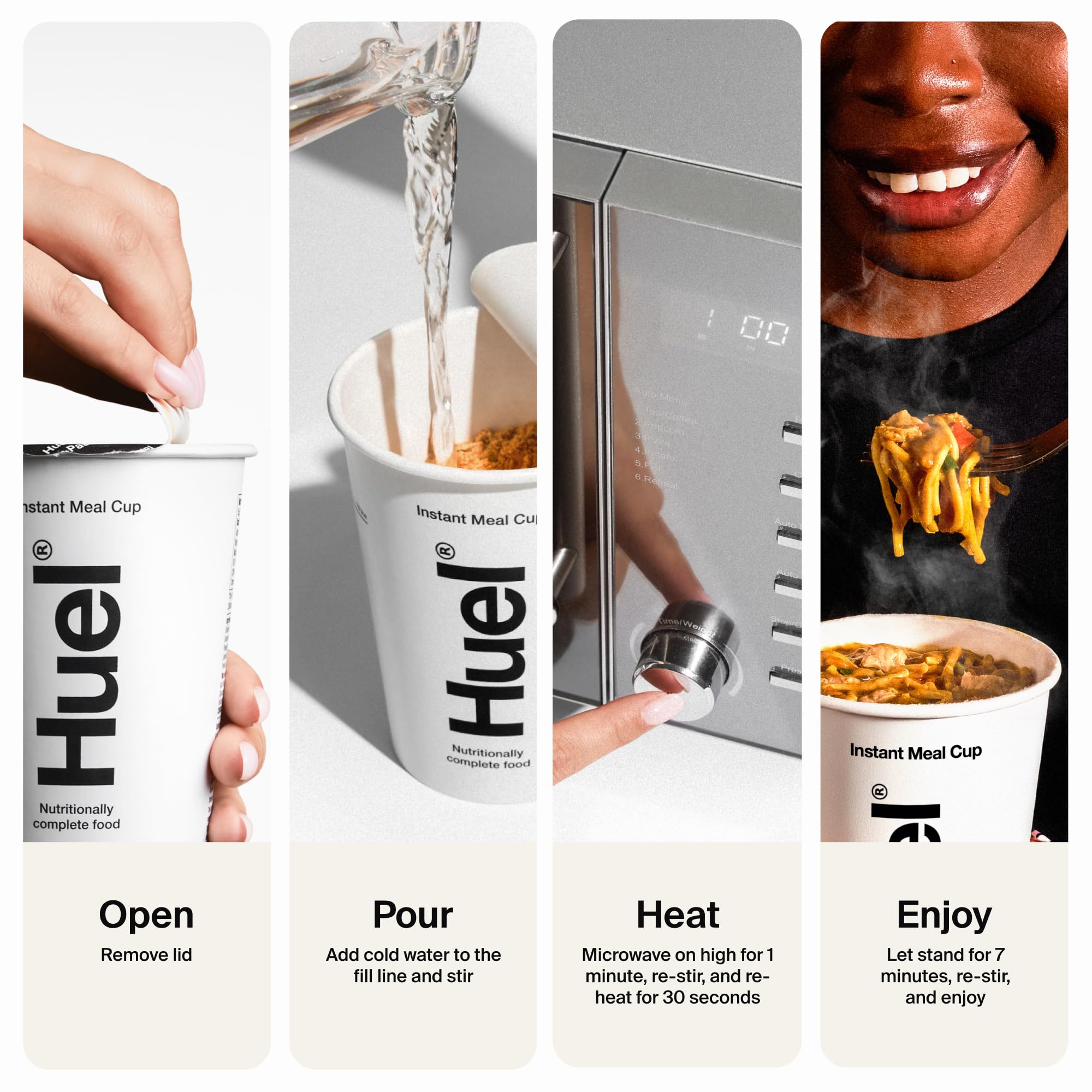 Huel cup next to a hand for scale demonstrating portable size and on-the-go meal benefit