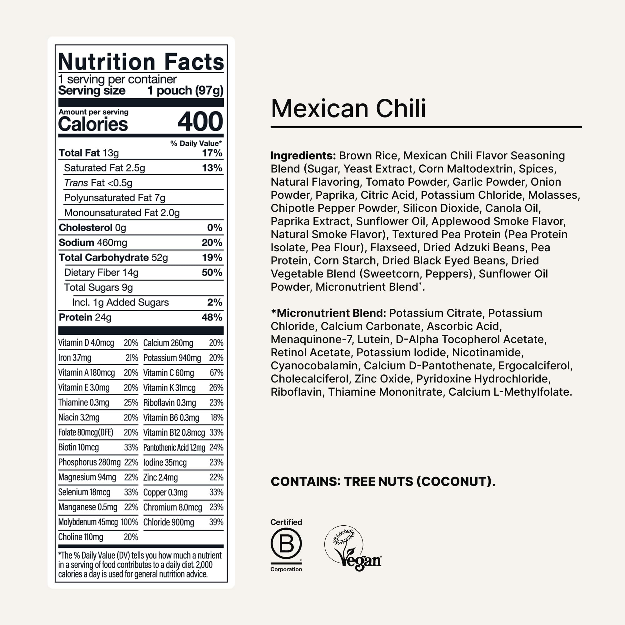 Huel Mexican Chili pouch open with contents visible for portion clarity