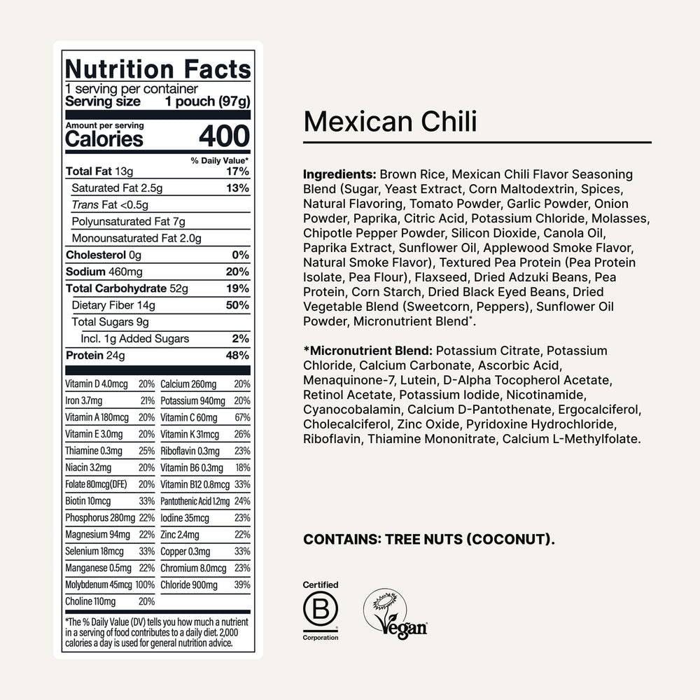 Huel Mexican Chili pouch open with contents visible for portion clarity