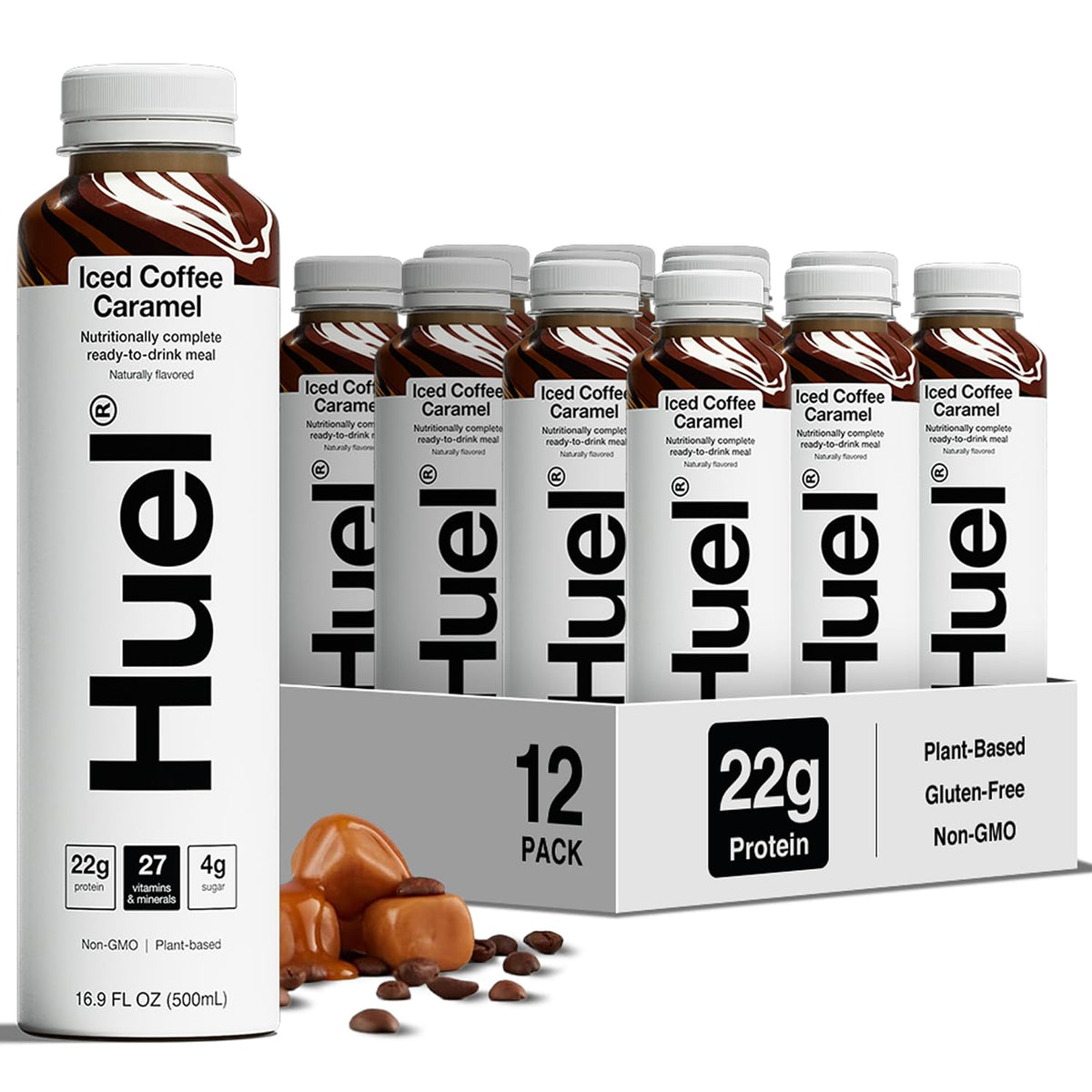 Huel bottle front packaging showing flavor and benefit of balanced nutrition