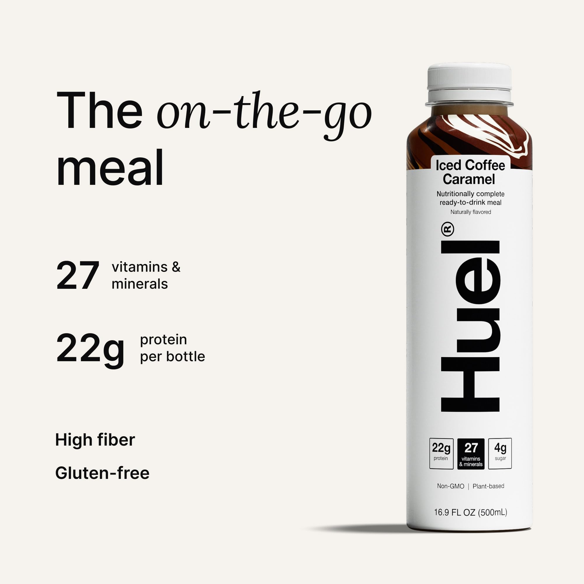 Huel nutrition label close-up highlighting vitamins, minerals and protein benefit