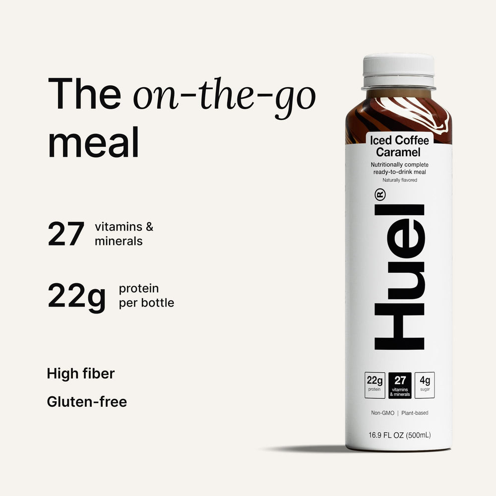 Huel nutrition label close-up highlighting vitamins, minerals and protein benefit