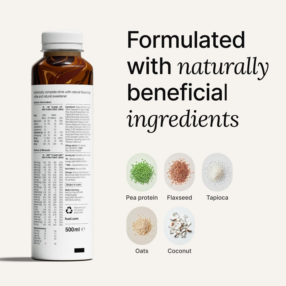 Huel being poured into a glass showing creamy texture and ready-to-drink convenience