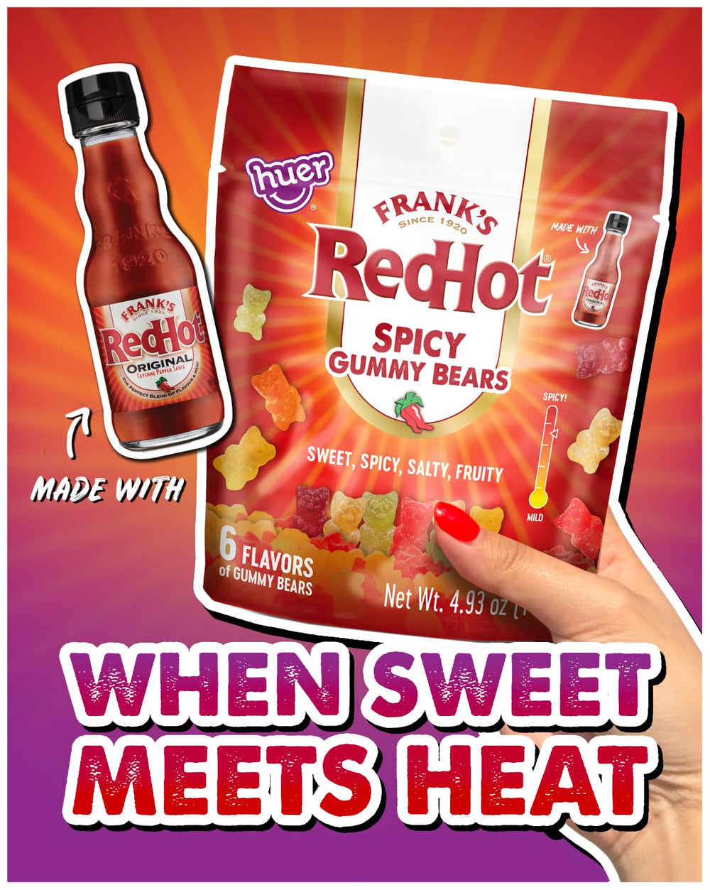 HUER Frank's RedHot six-flavor assortment highlighting colorful fruity variety