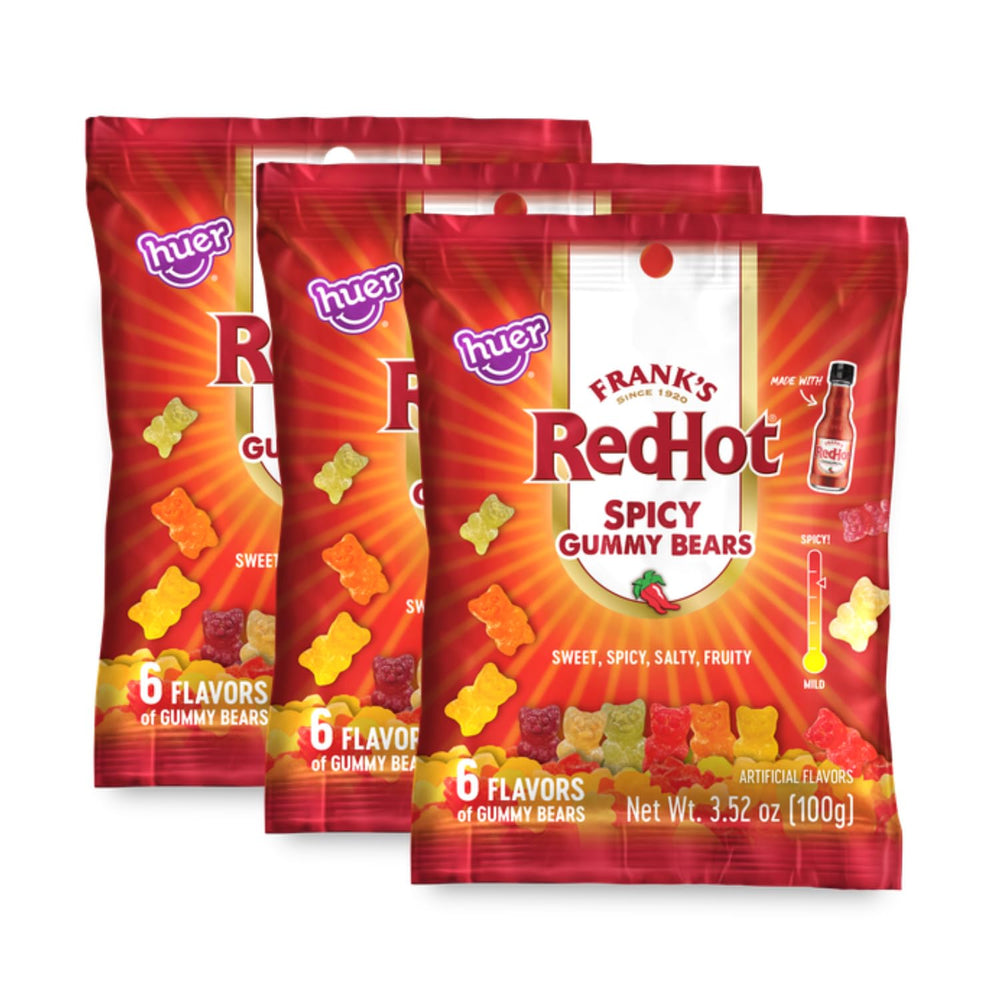 HUER Frank's RedHot front packaging showing bold branding and three bags