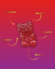 HUER Frank's RedHot gummy bears in hand demonstrating size and convenience