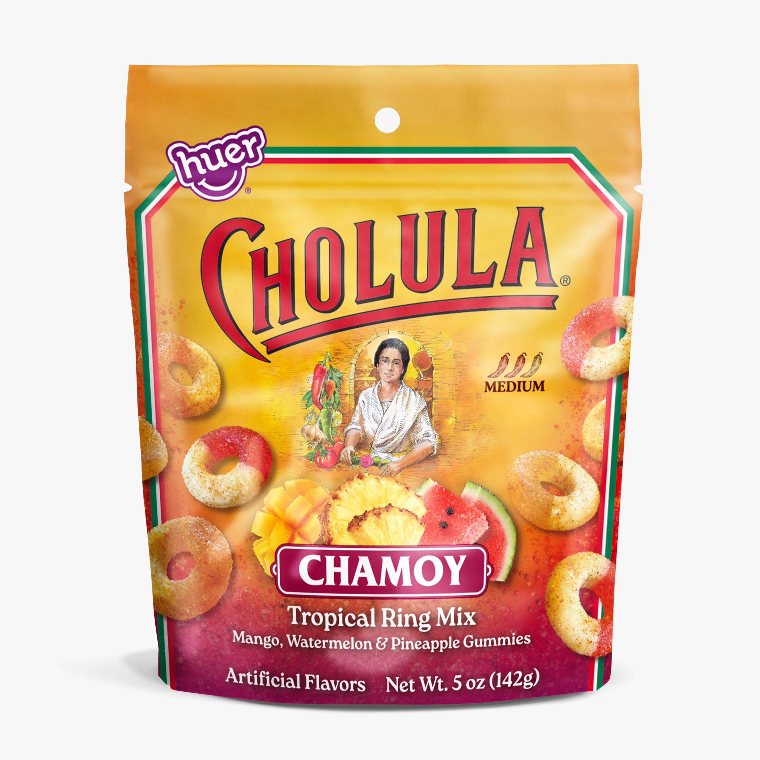 HUER close-up of gummies showing chamoy-style coating and chewy texture benefit
