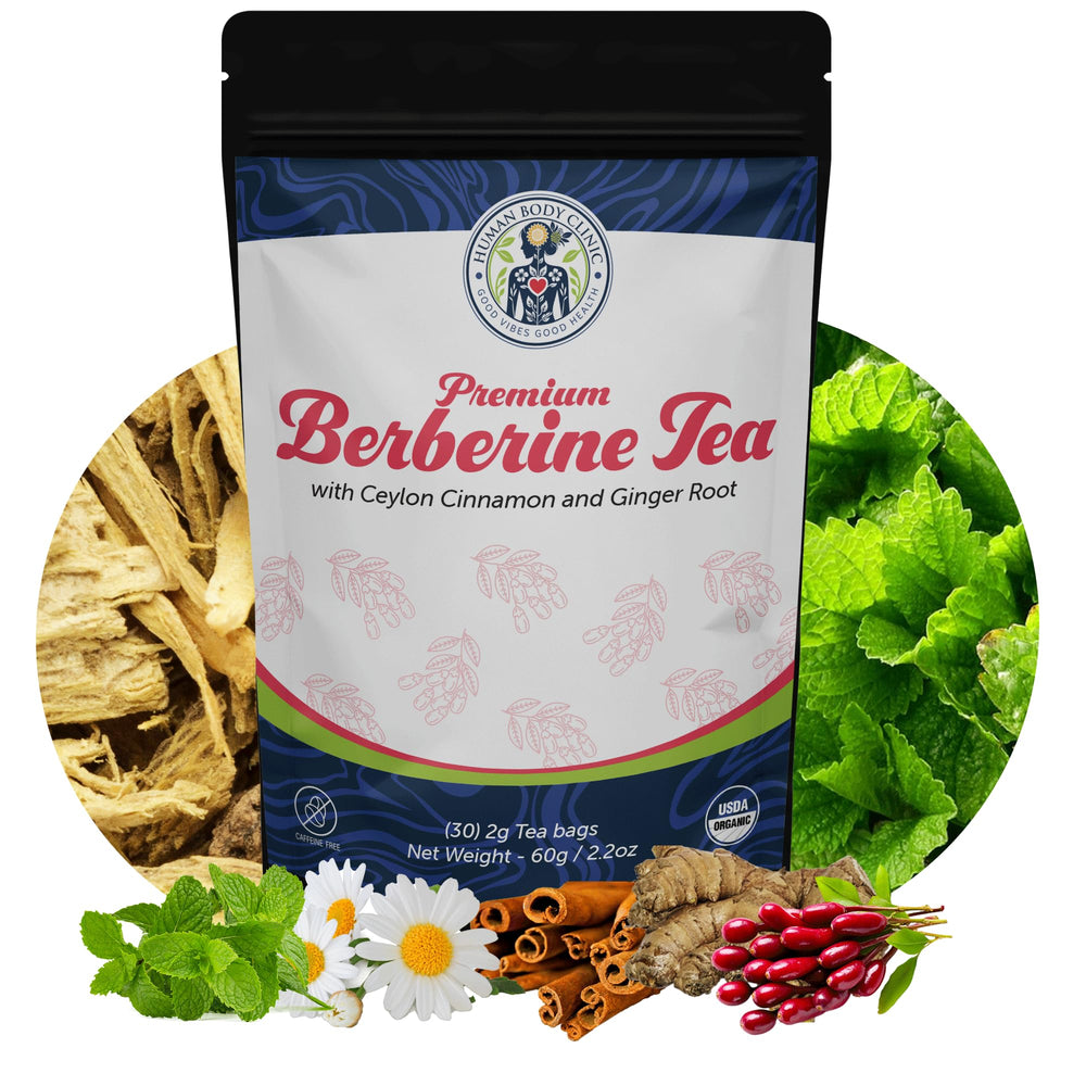 Human Body Clinic front box shot showing organic berberine tea benefits