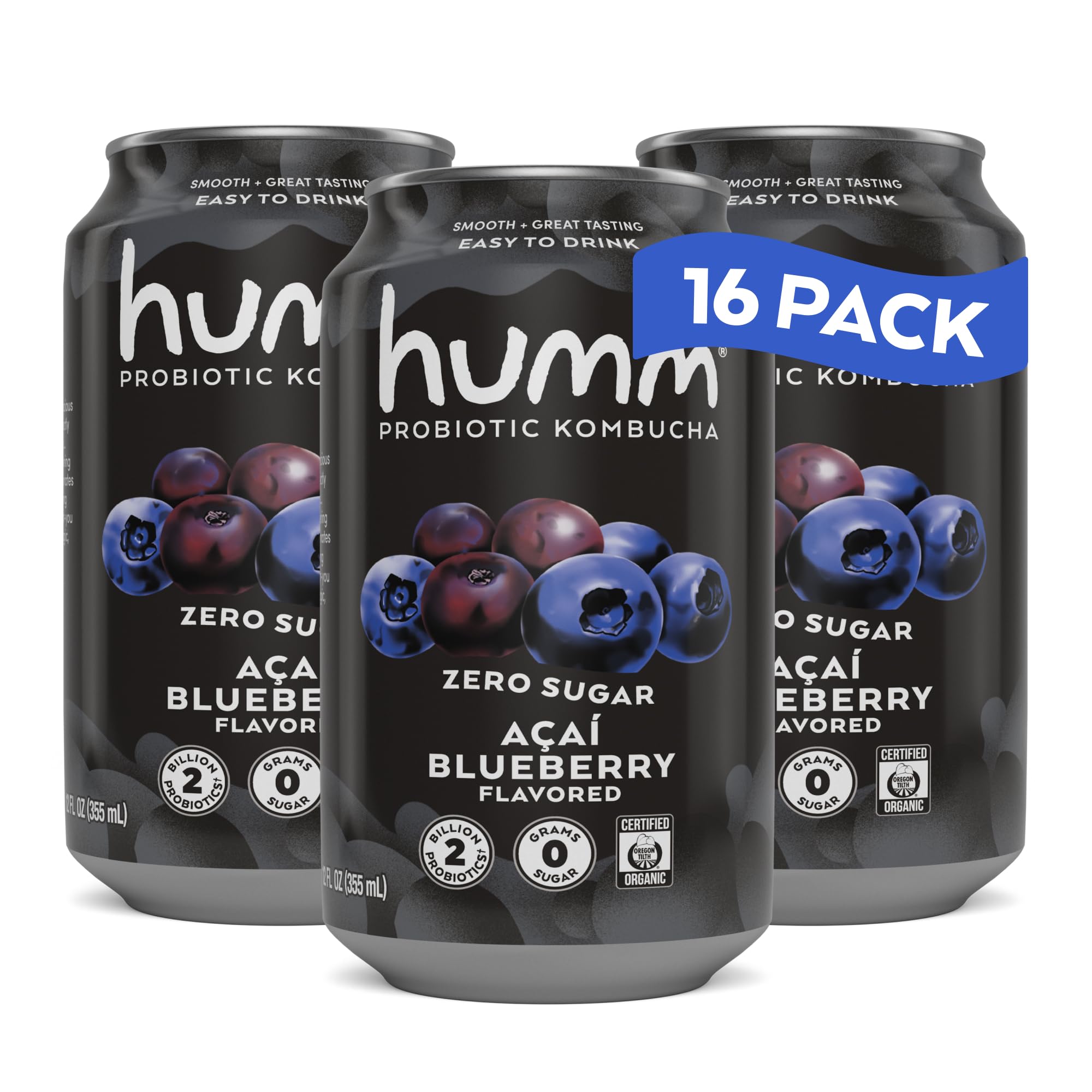 Humm front can showing acai blueberry flavor and bold branding, highlights refreshing taste