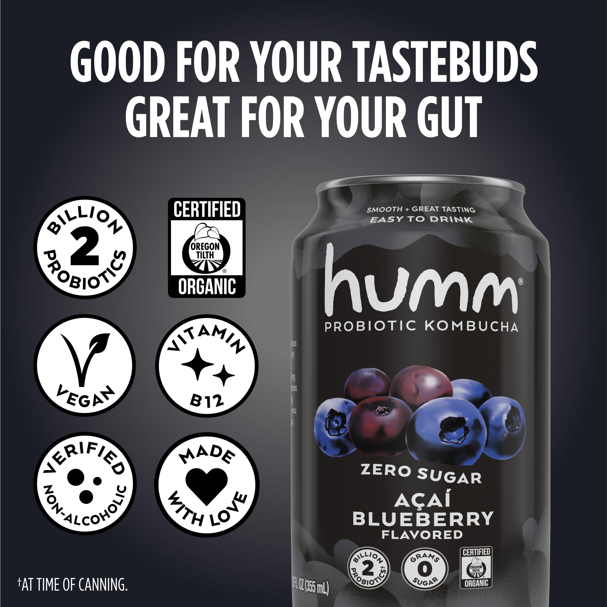 Humm label close-up revealing organic and zero sugar claims, communicates product transparency