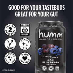 Humm label close-up revealing organic and zero sugar claims, communicates product transparency