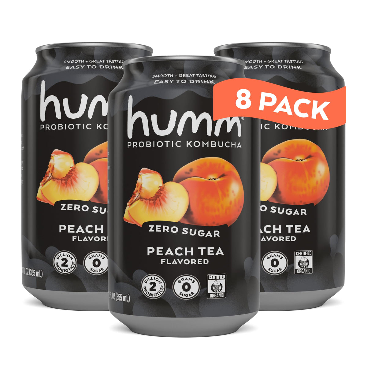 Humm front packaging showing peach tea cans and organic badge, refreshing probiotic drink