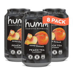 Humm front packaging showing peach tea cans and organic badge, refreshing probiotic drink