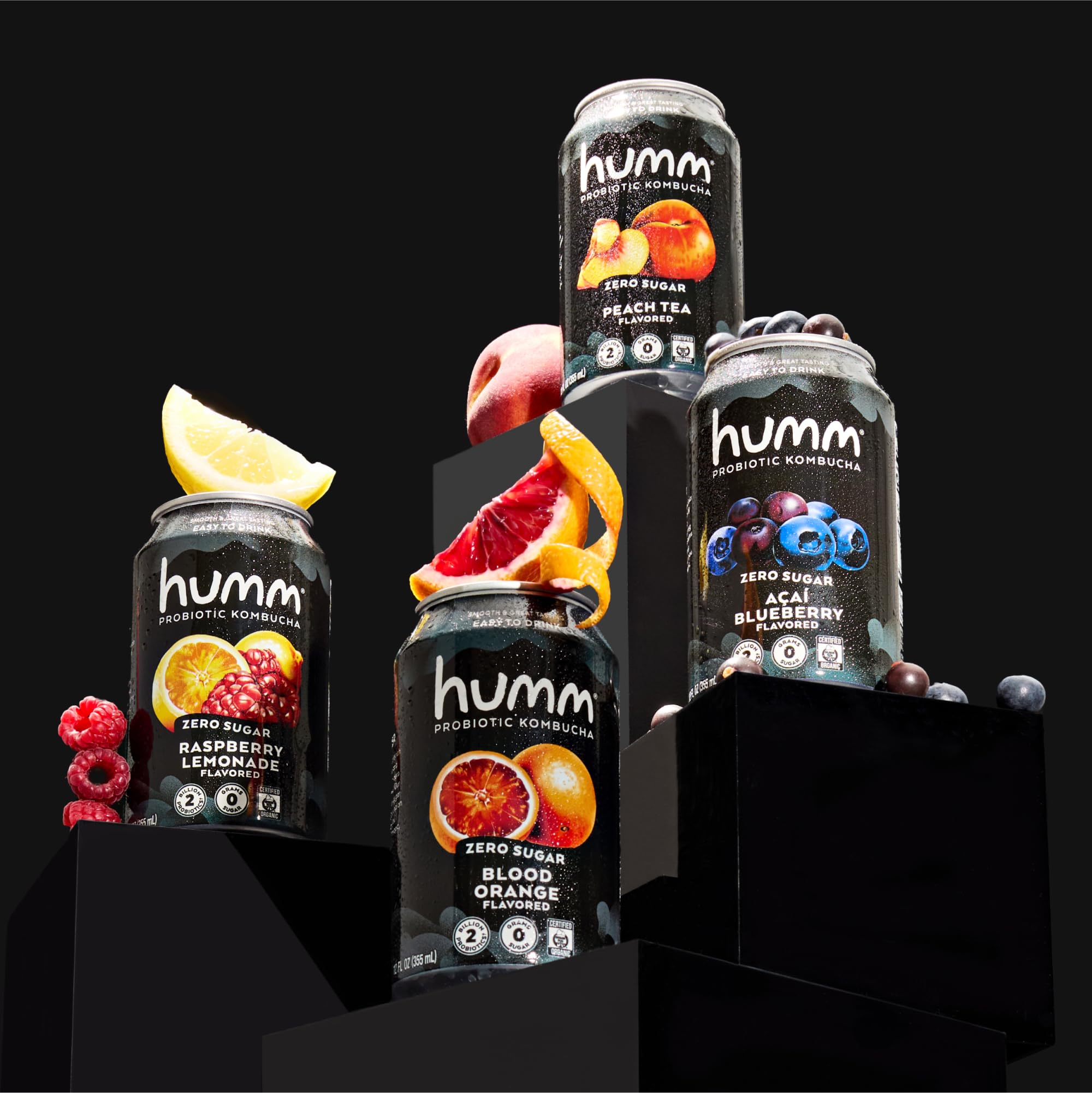 Humm Acai Blueberry can with berries and leaves showing real-ingredient freshness benefit