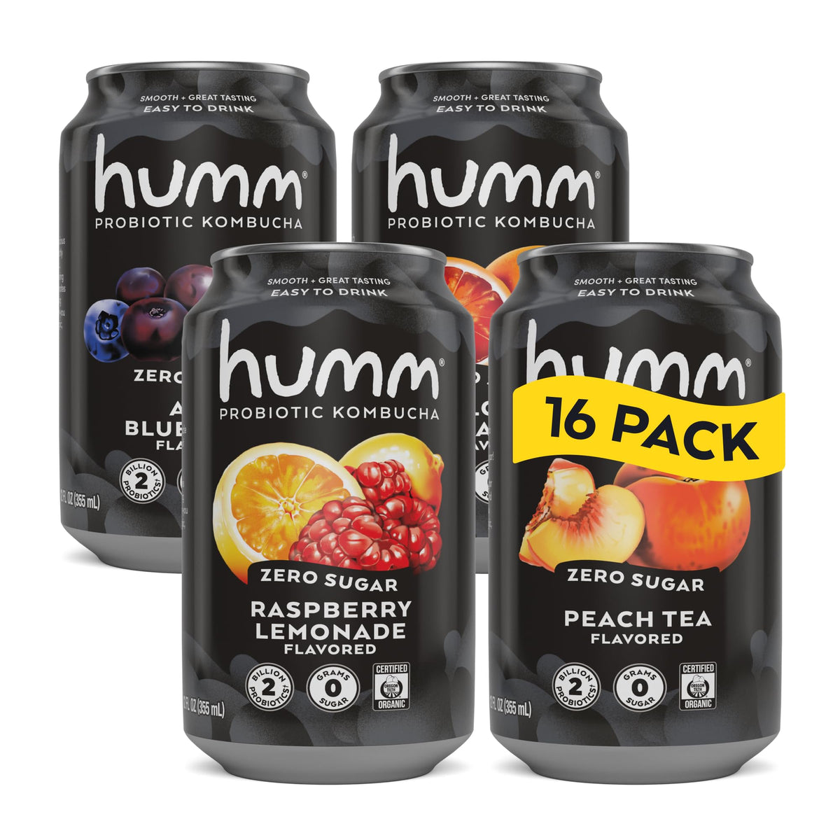 Humm front packaging of the 16-pack showing variety and organic badge benefits