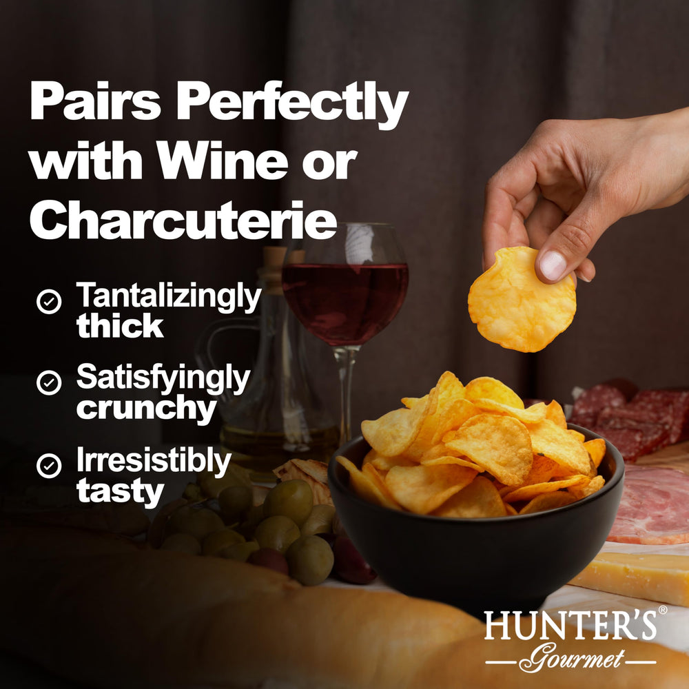 HUNTER'S Gourmet crisps at picnic with wine showing elevated snacking experience benefit