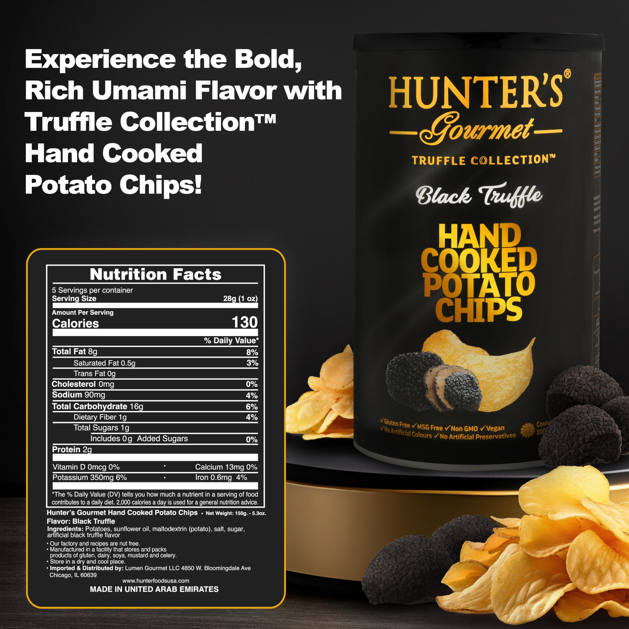 HUNTER'S Gourmet open can with visible chips releasing black truffle aroma benefit