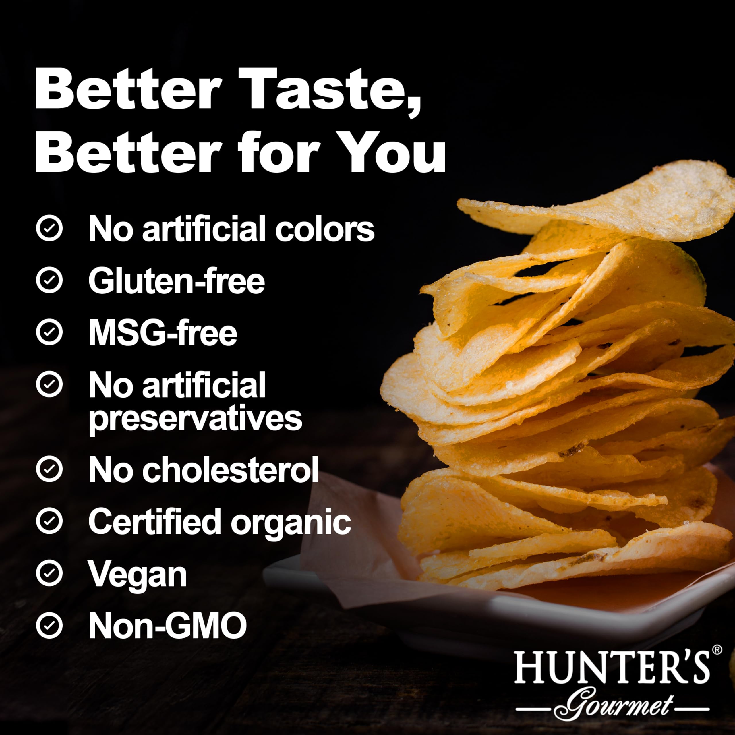 HUNTER'S Gourmet chip held in hand showing portion size and portability benefit