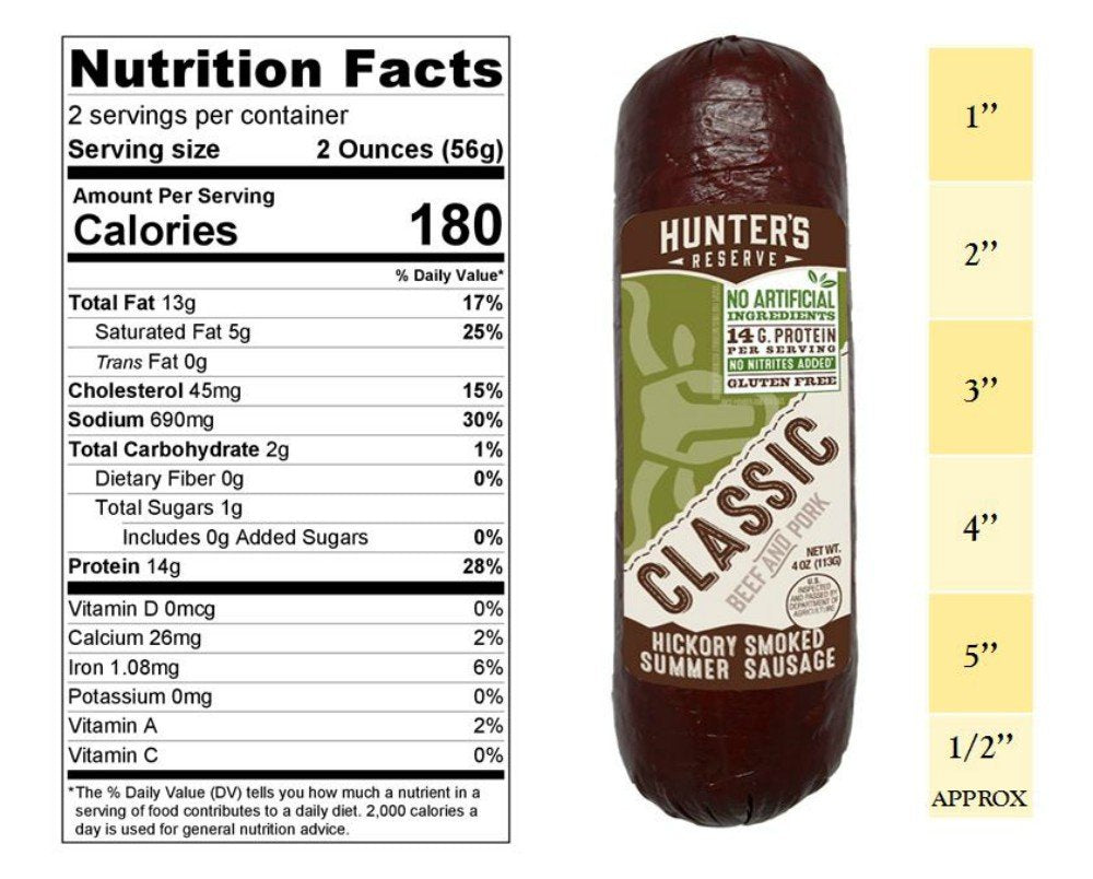 Hunters Reserve sausage beside a ruler showing 4 oz size for portion and scale