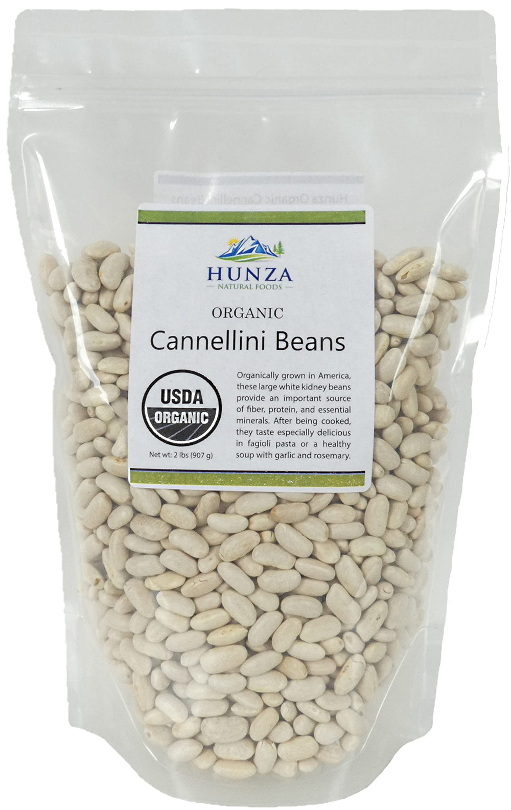Hunza Natural Foods front packaging of 2 lb organic cannellini beans showing label and resealable pouch benefit