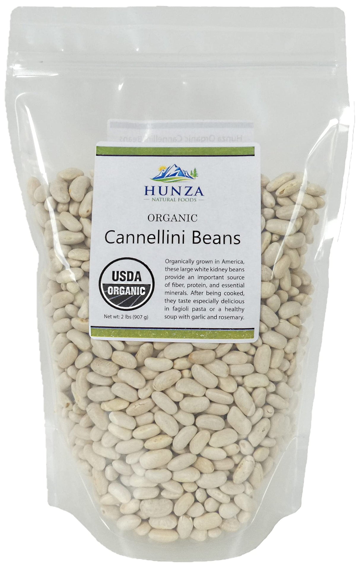 Hunza Natural Foods front packaging of 2 lb organic cannellini beans showing label and resealable pouch benefit