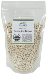 Hunza Natural Foods front packaging of 2 lb organic cannellini beans showing label and resealable pouch benefit