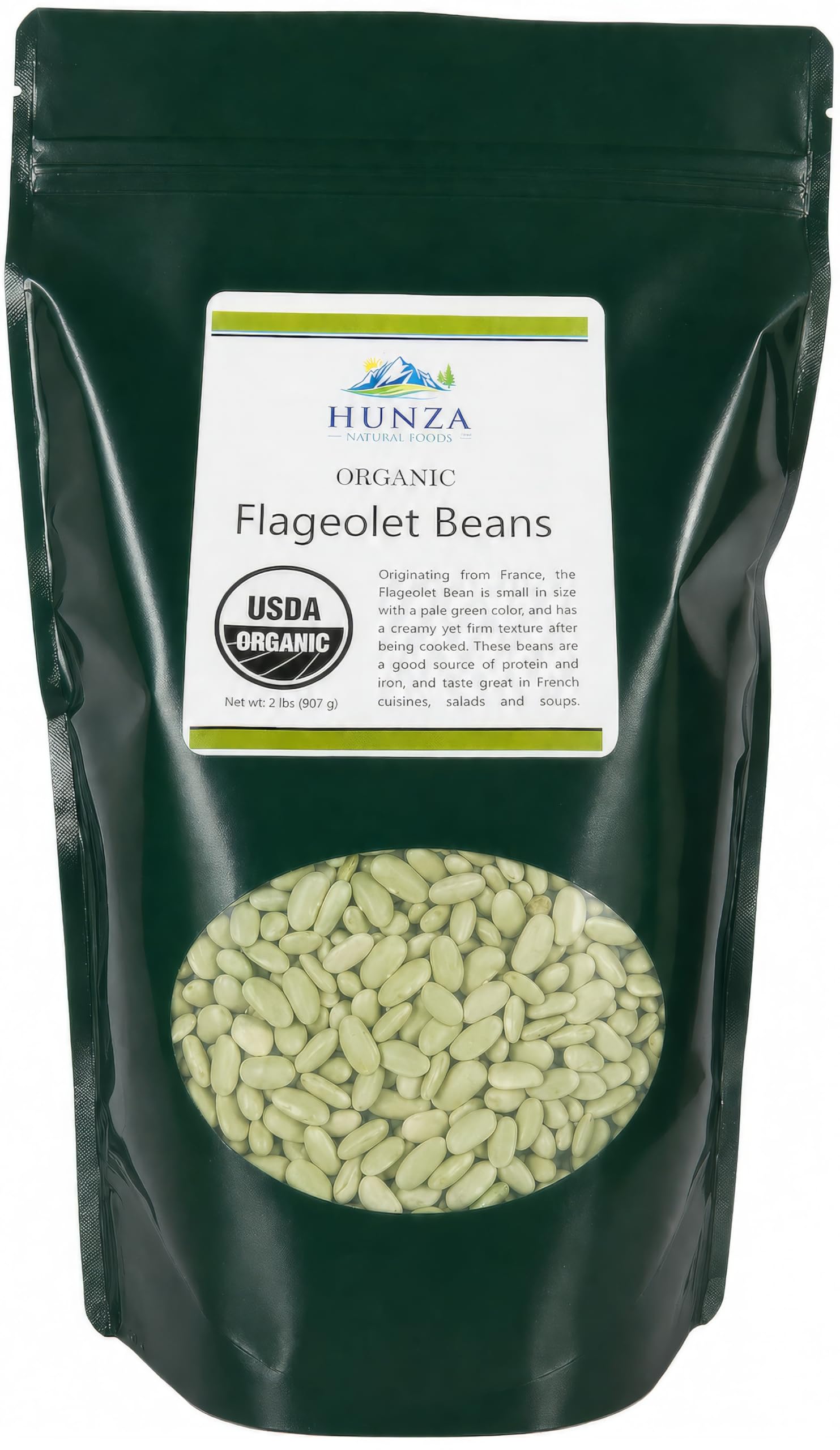 Hunza Natural Foods front pouch showing organic flageolet beans, clear labeling and durable packaging benefit