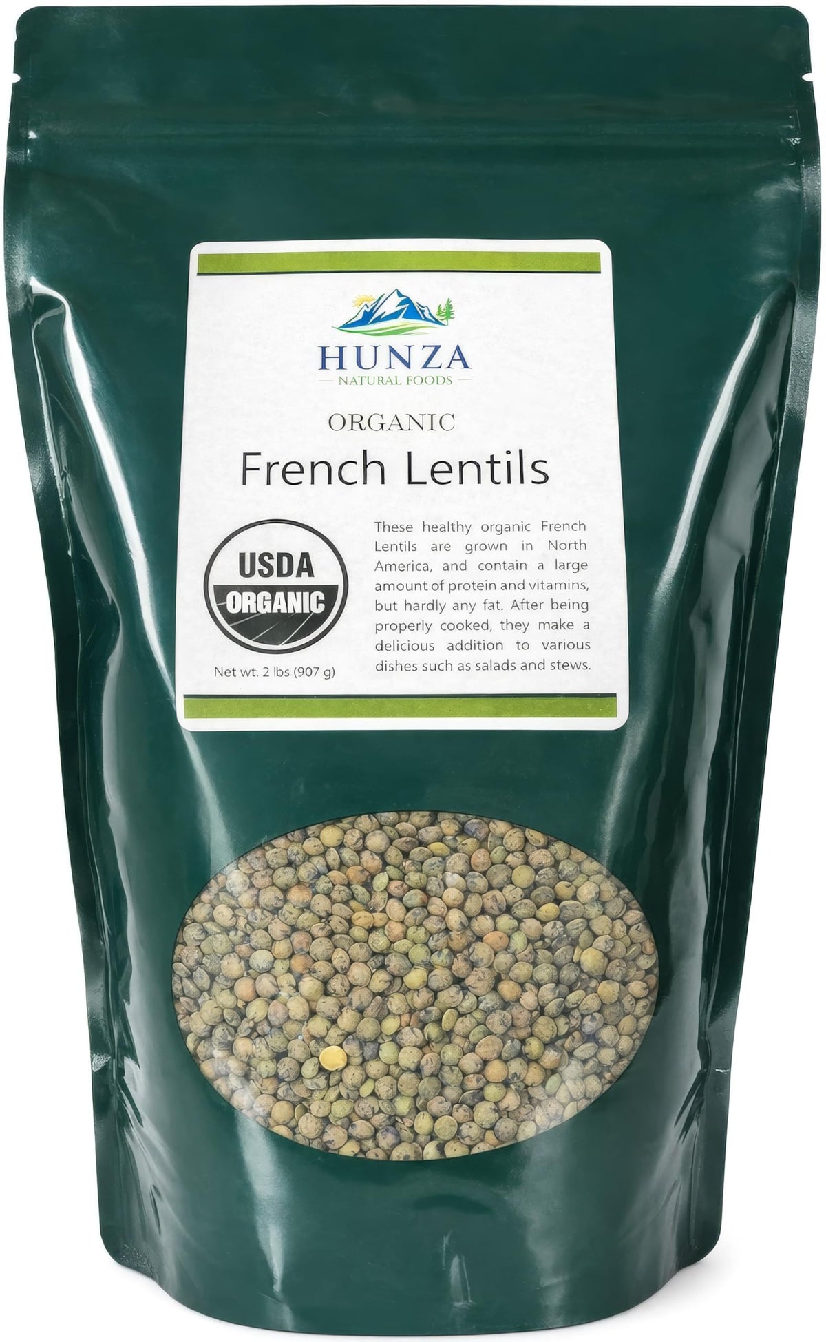 Hunza Natural Foods front pouch showing 2 lb bag and branding benefits