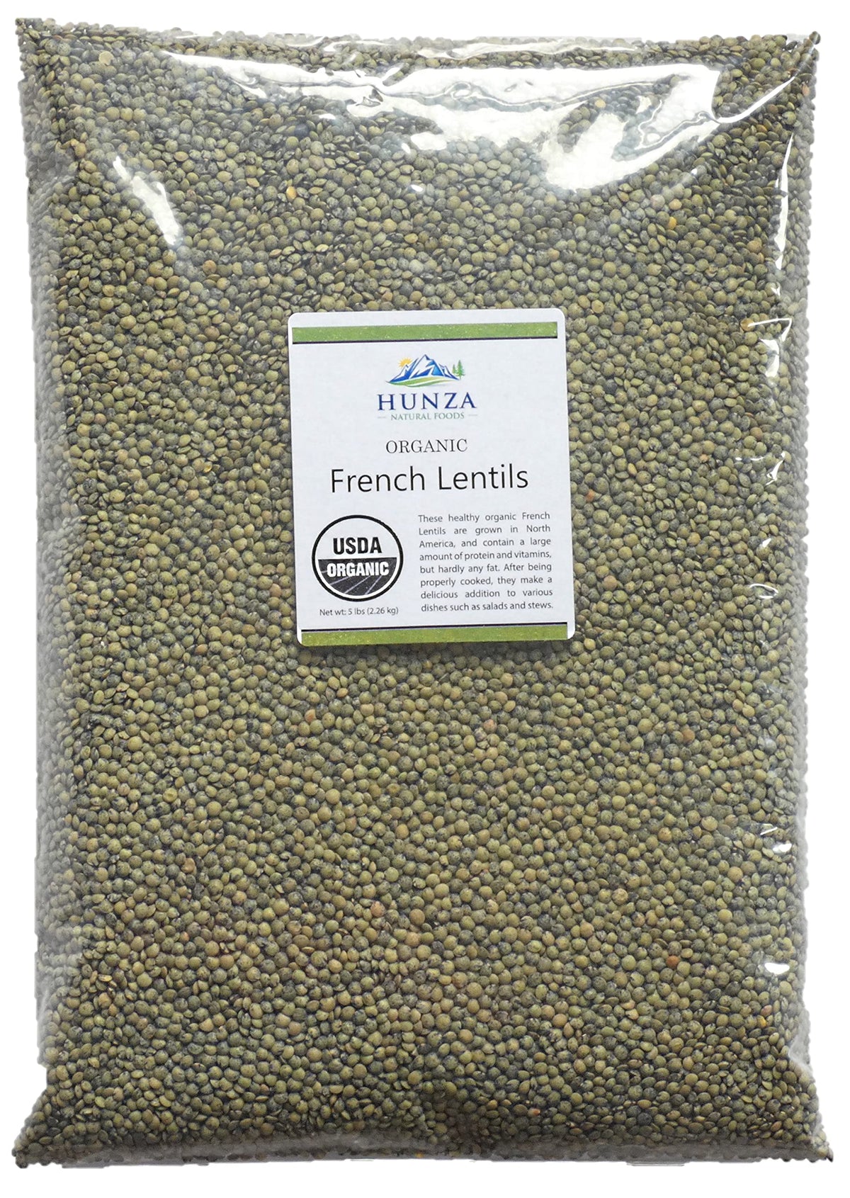 Hunza front pouch displaying 5 lb organic lentils and resealable convenience