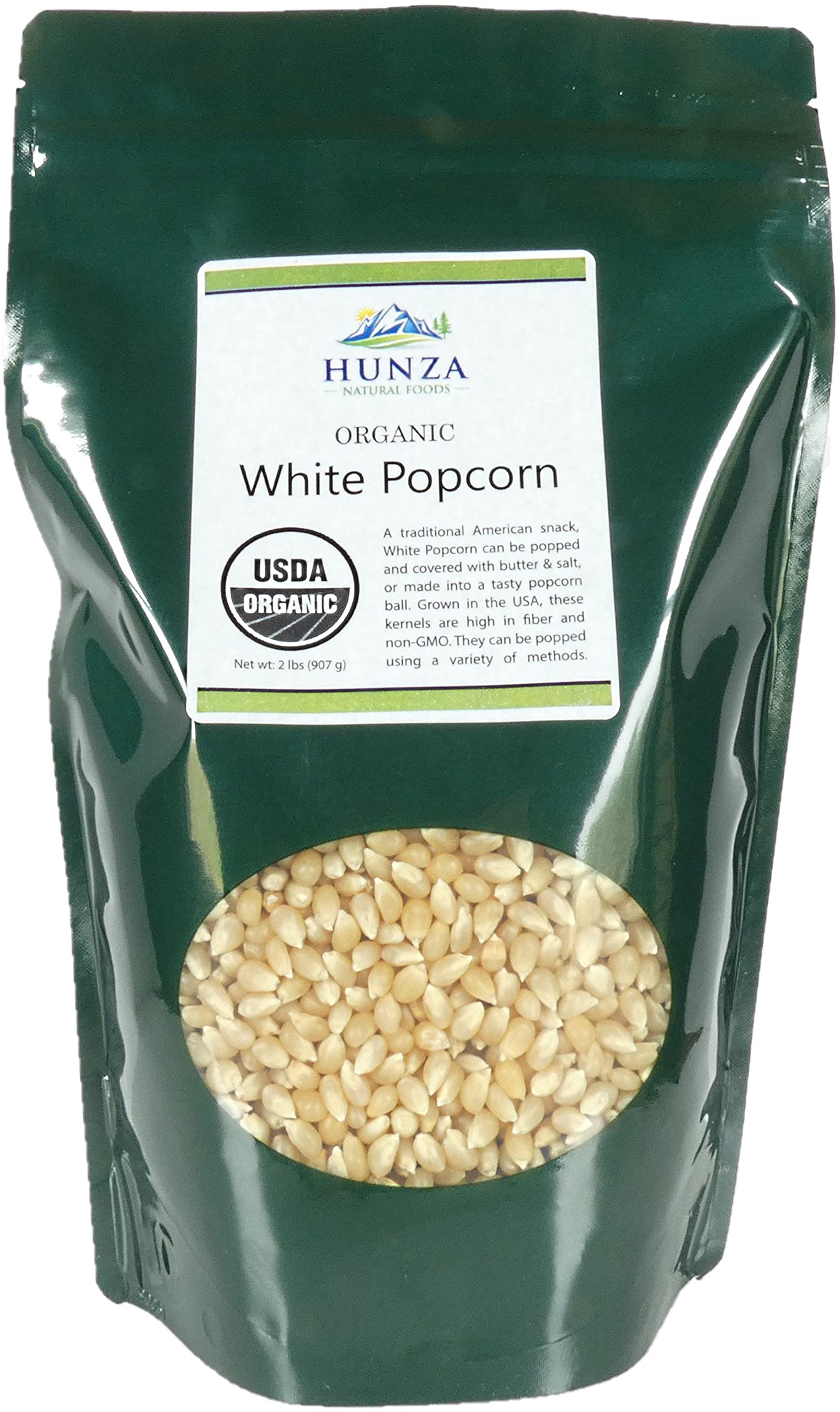 Hunza front pouch showing organic label and resealable green packaging for freshness