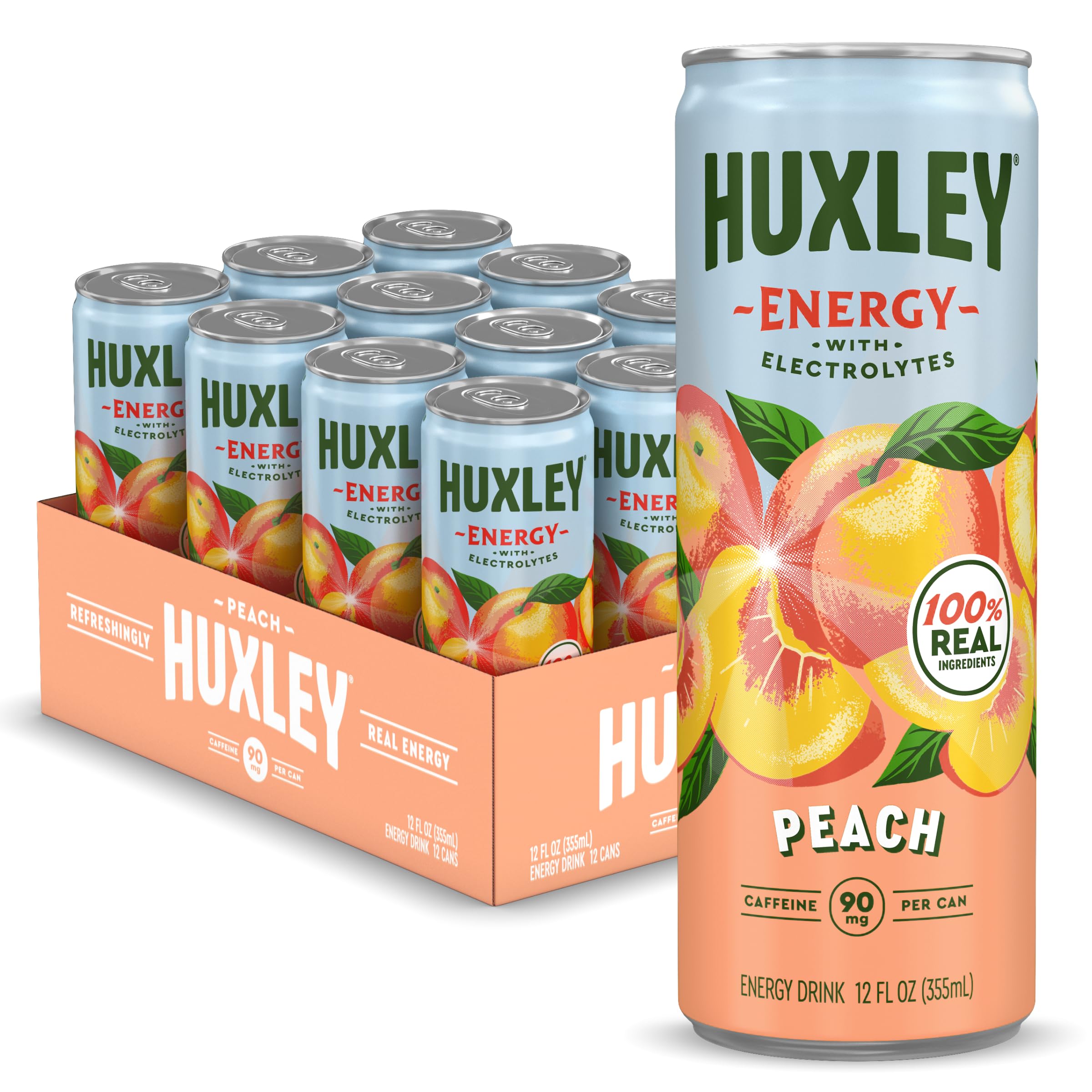Huxley front can showing peach label and low-sugar benefit