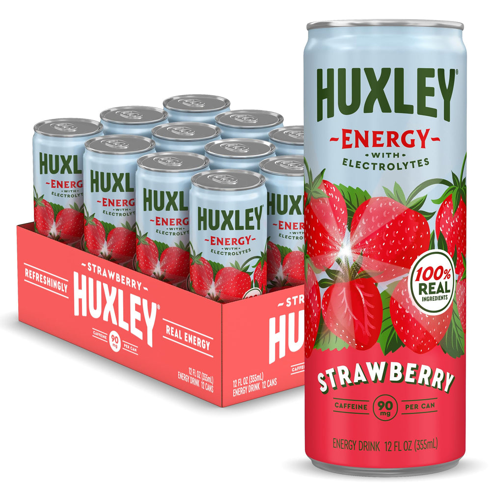Huxley front can showing strawberry design and clean ingredient promise for quick energy