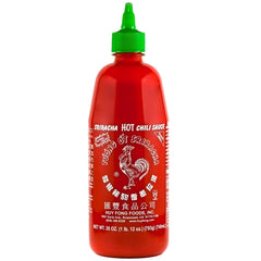 Huy Fong Rooster Sriracha front bottle showing label and pour tip, adds consistent spicy flavor