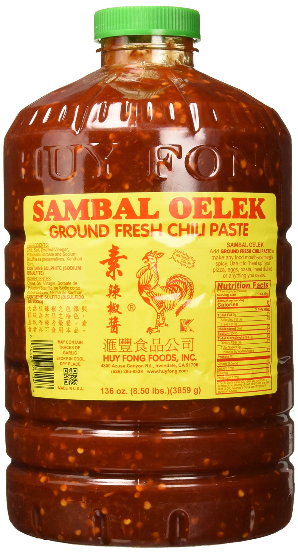 Huy Fong Sambal Oelek front tub showing label and size for kitchen use