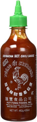 Huy Fong bottle front packaging showing label and 17 oz size, clear brand visibility and convenience