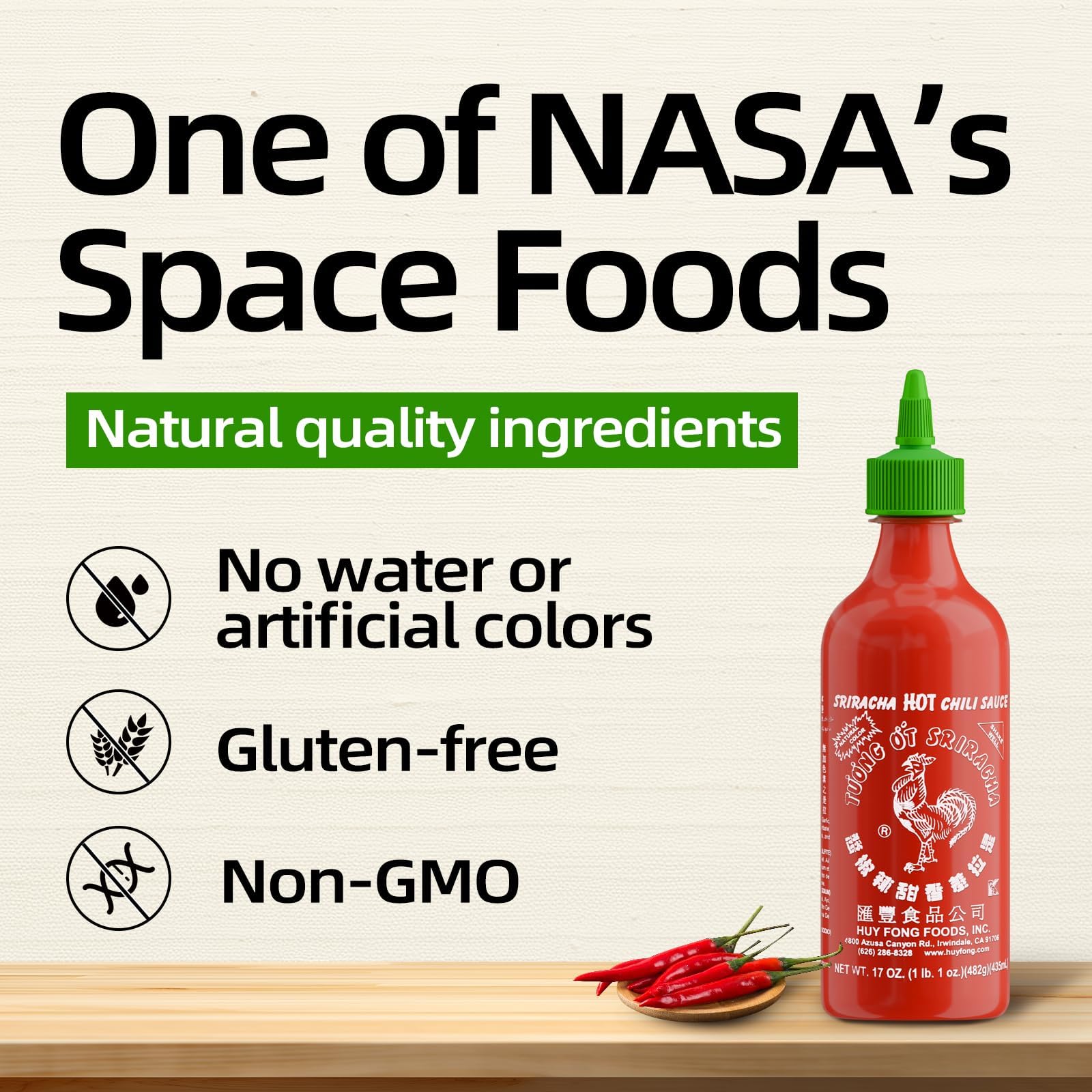 HUY FONG FOODS pouring sriracha from bottle onto dish, clear benefit: controlled drizzle for flavor