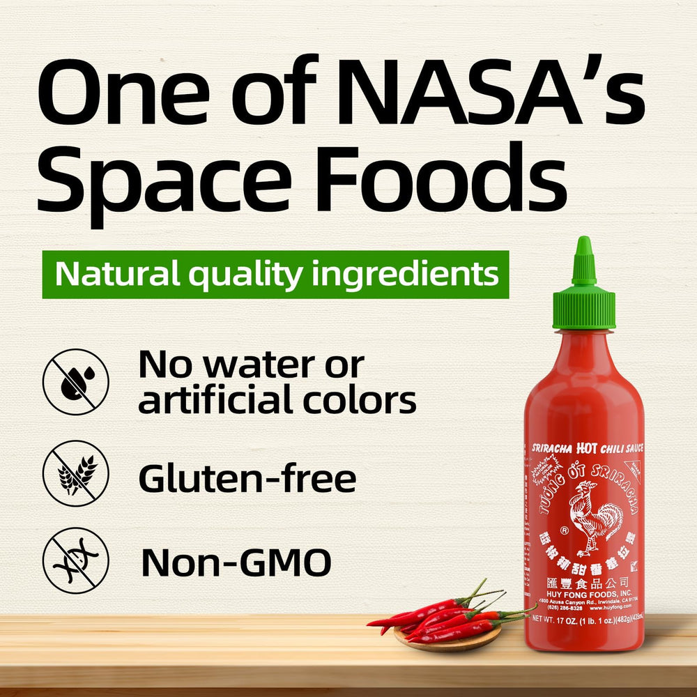 HUY FONG FOODS pouring sriracha from bottle onto dish, clear benefit: controlled drizzle for flavor
